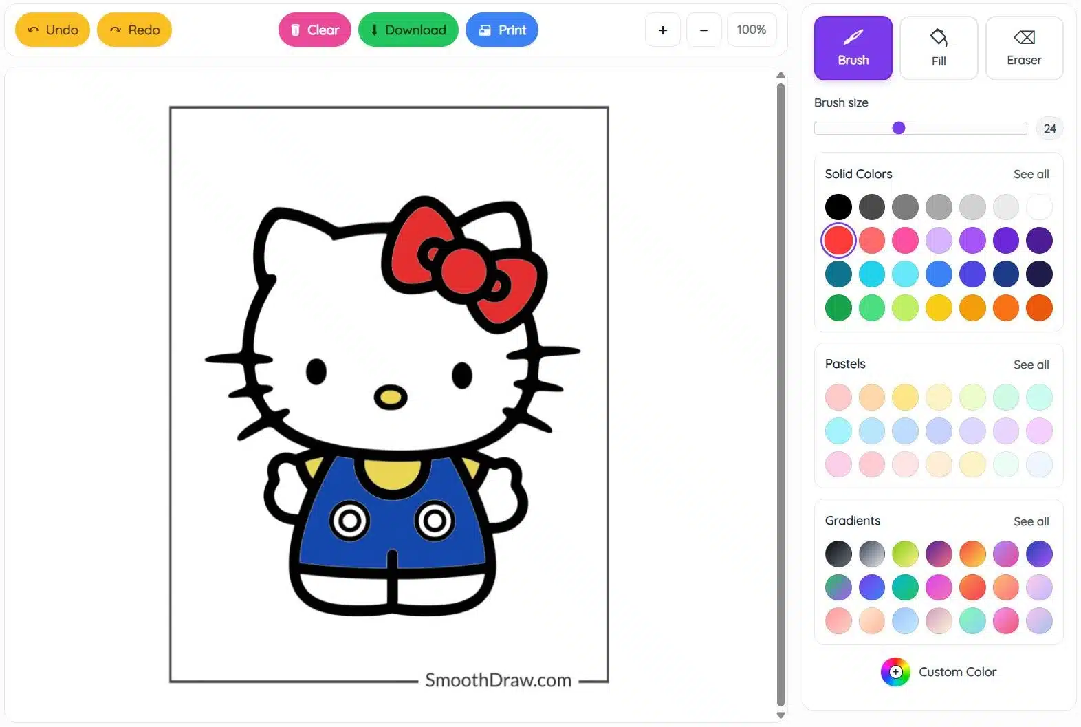 SmoothDraw online coloring tool: Hello Kitty page with brush, fill, and palettes