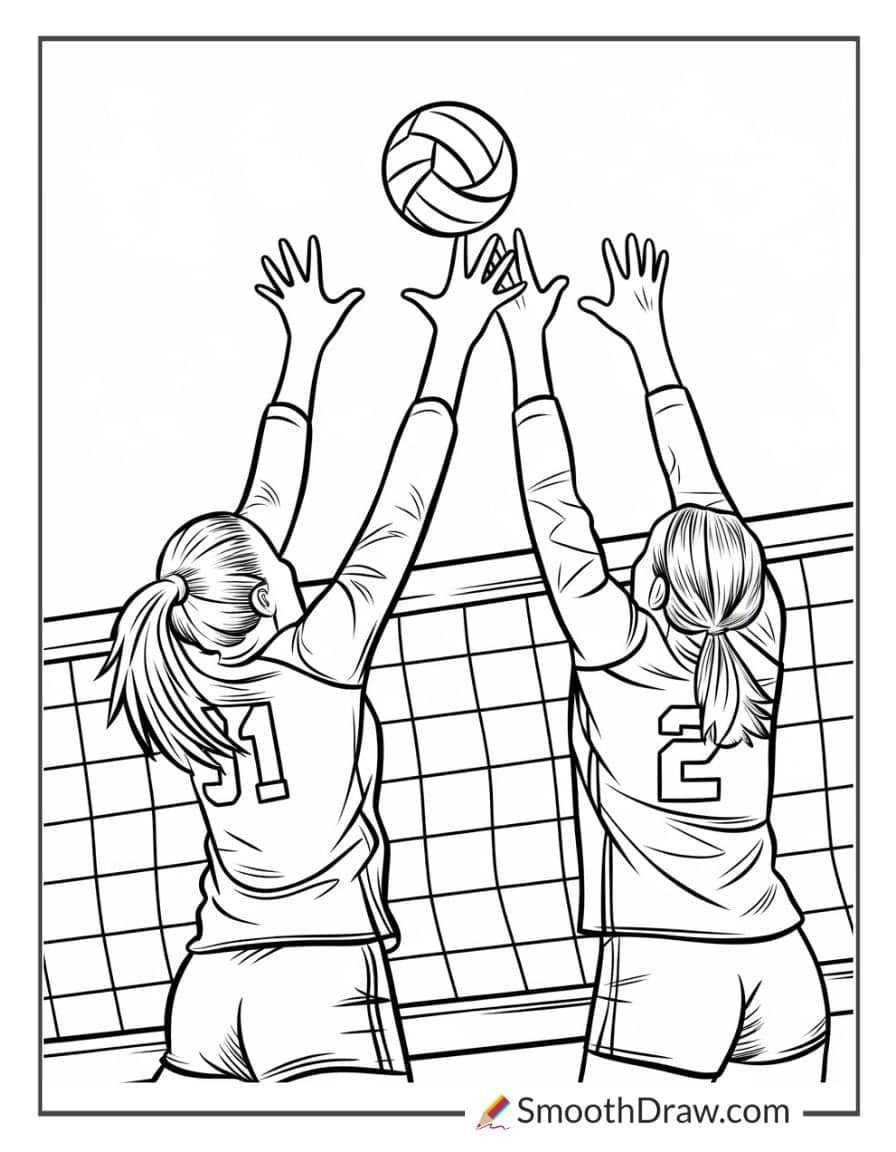 Action shot of two players blocking at the net