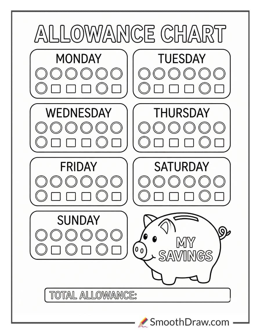 Allowance chart with coins for coloring