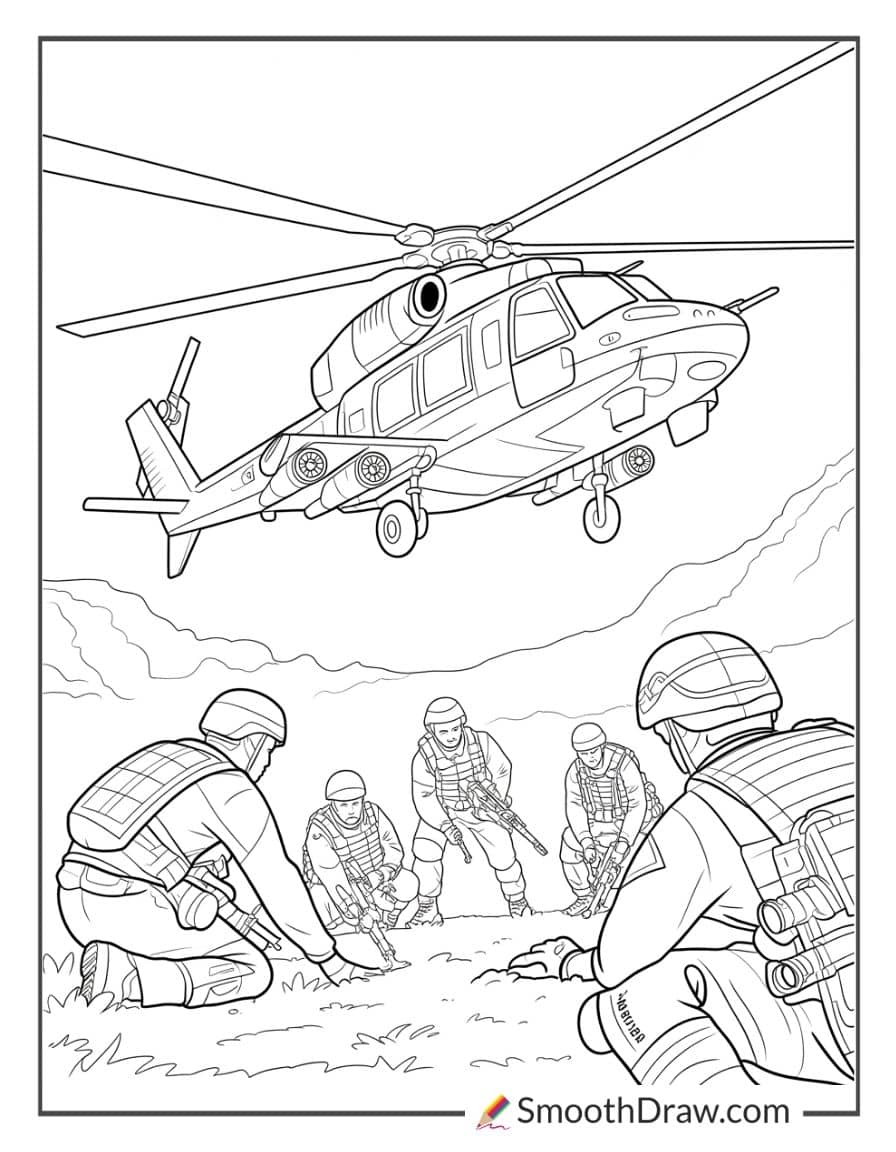 Army helicopter flying above soldiers