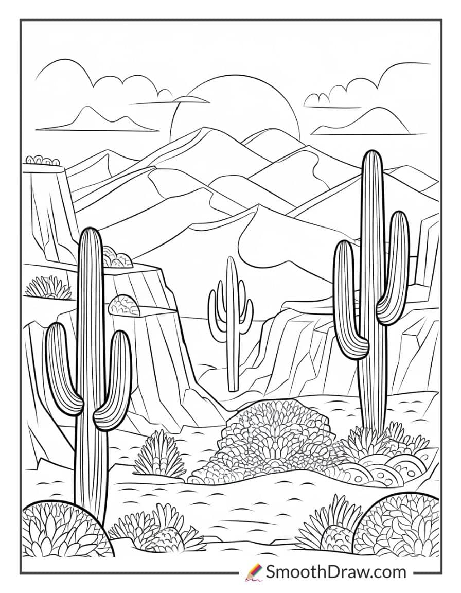 Artistic desert sunset coloring page