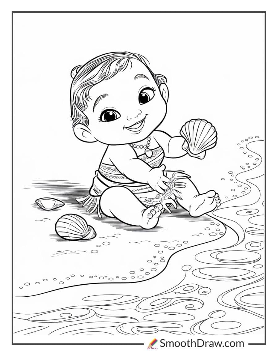 Baby Moana playing on the beach