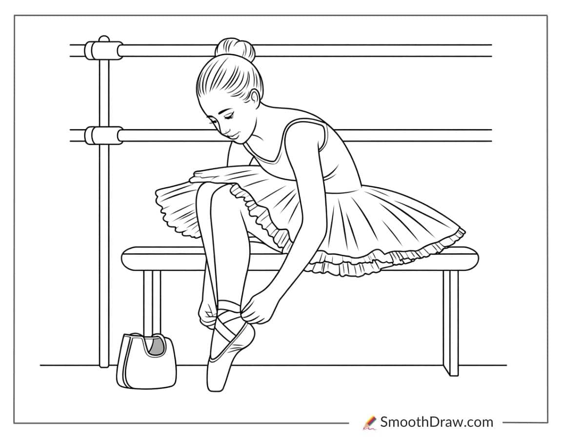 Ballerina Tying Shoes Before Class Coloring Page