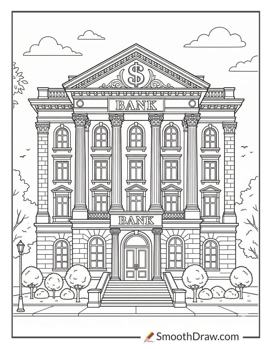 Bank building with big dollar sign