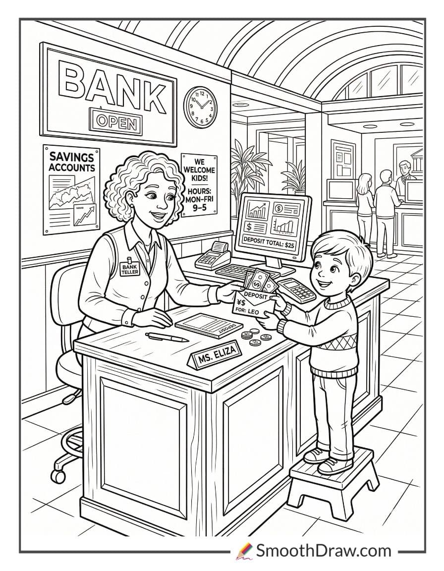 Bank teller helping child deposit money coloring page