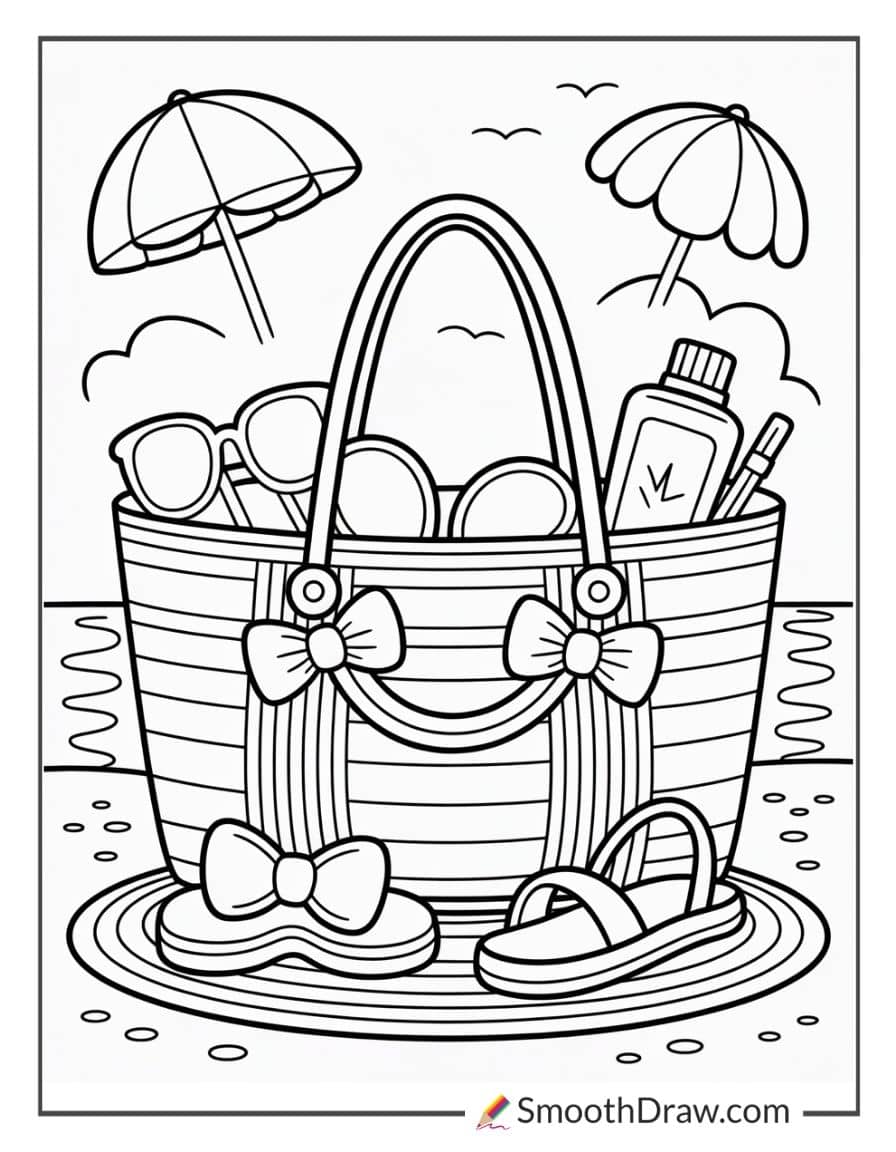 Beach bag with sunglasses and sandals coloring sheet