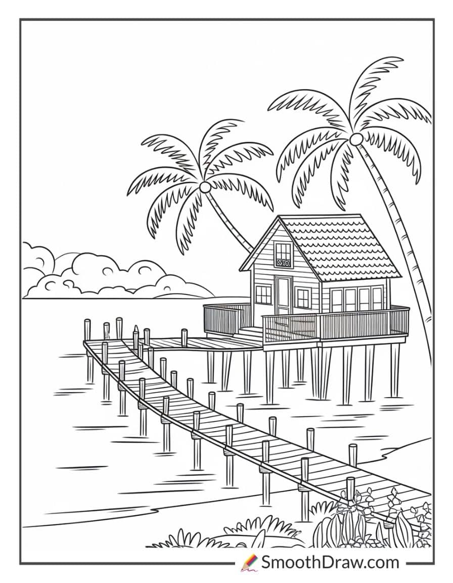 Beach house with a wooden dock