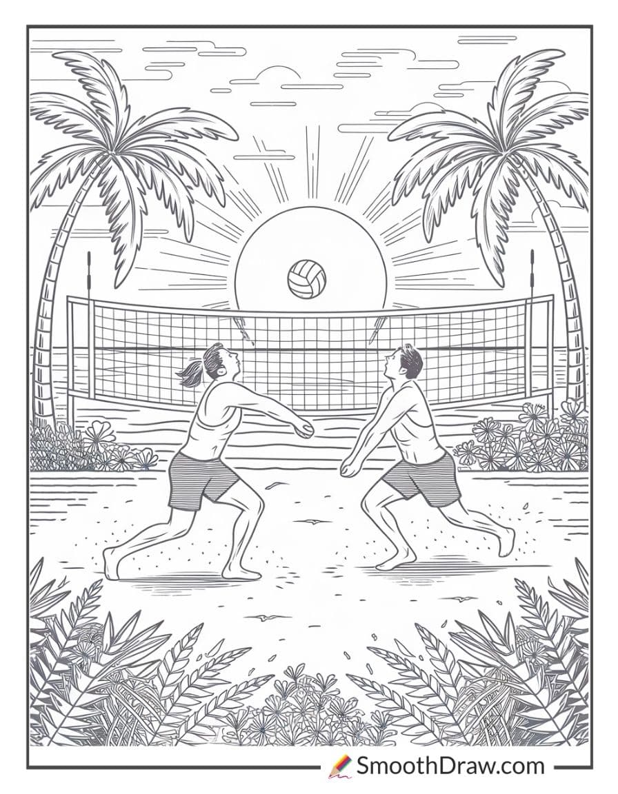 Beach volleyball match at sunset coloring page