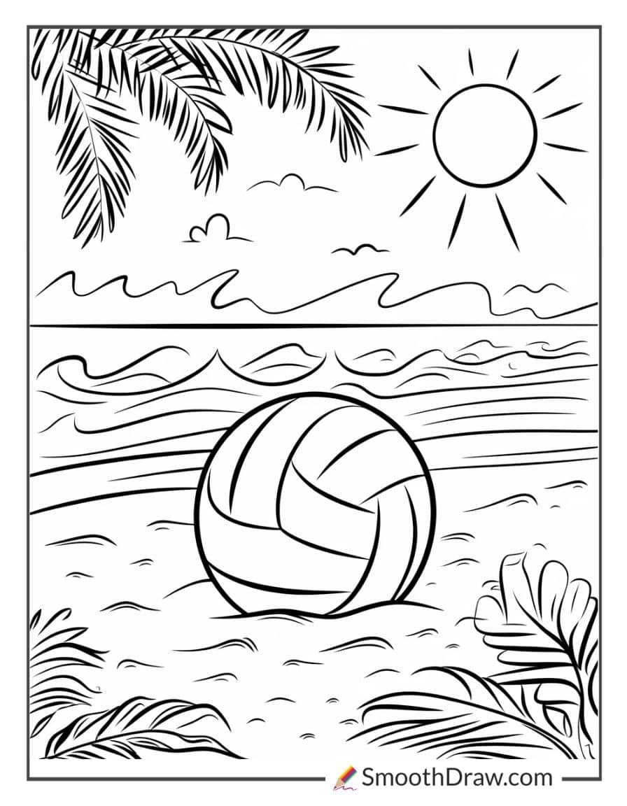 Beach volleyball with sun and waves coloring page
