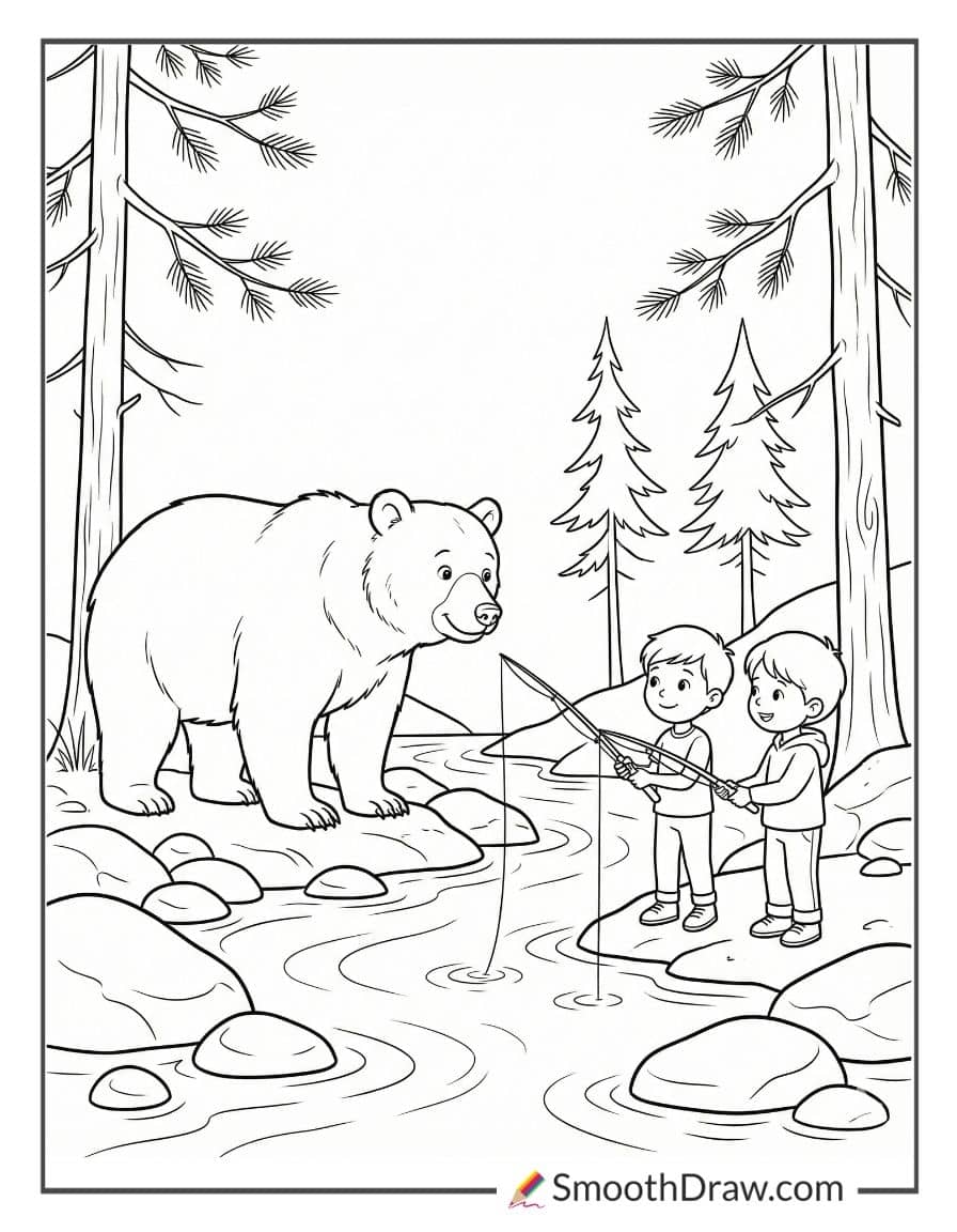 Bear Watching Kids Fishing Upstream