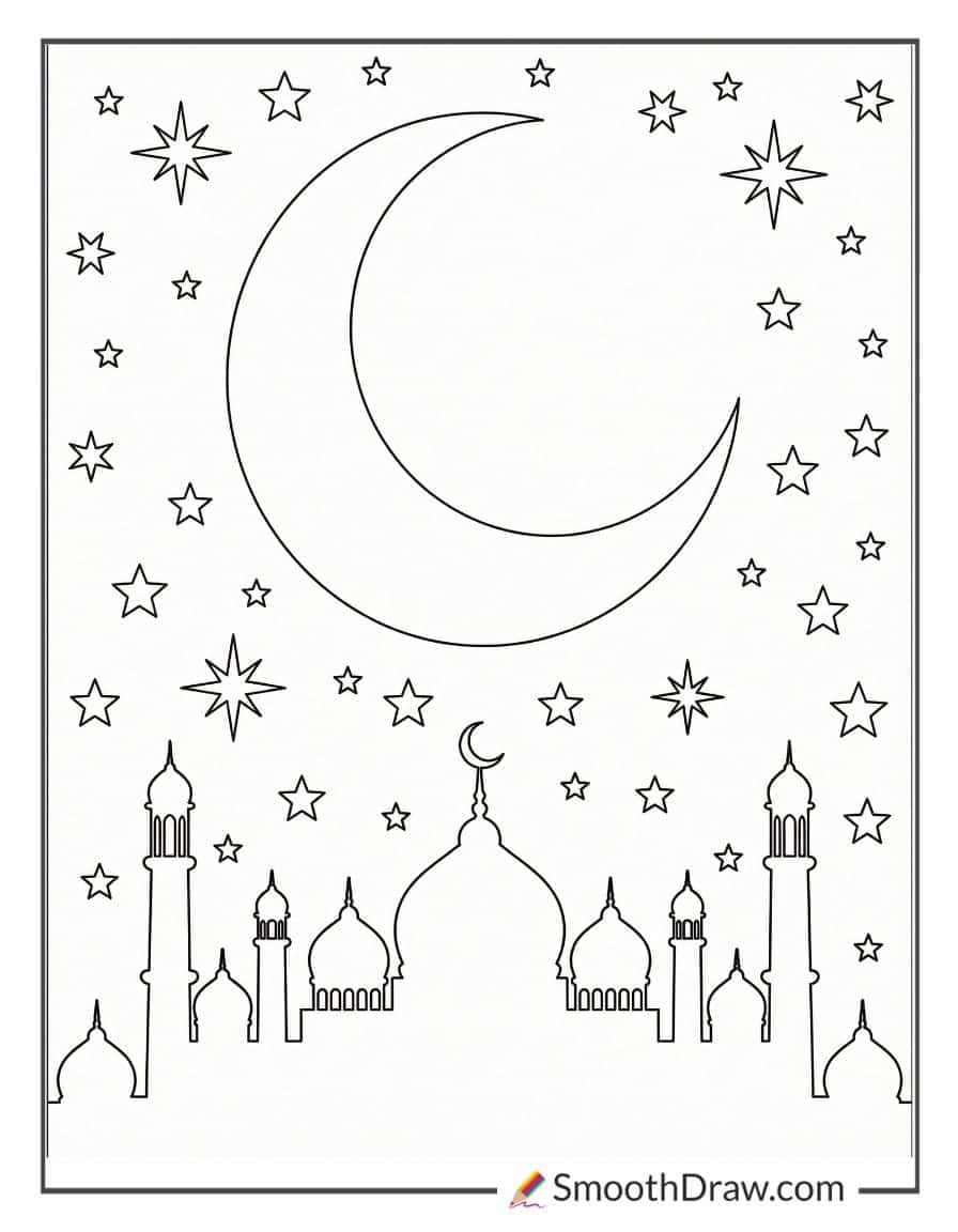 Beautiful Crescent Moon And Stars Coloring Page