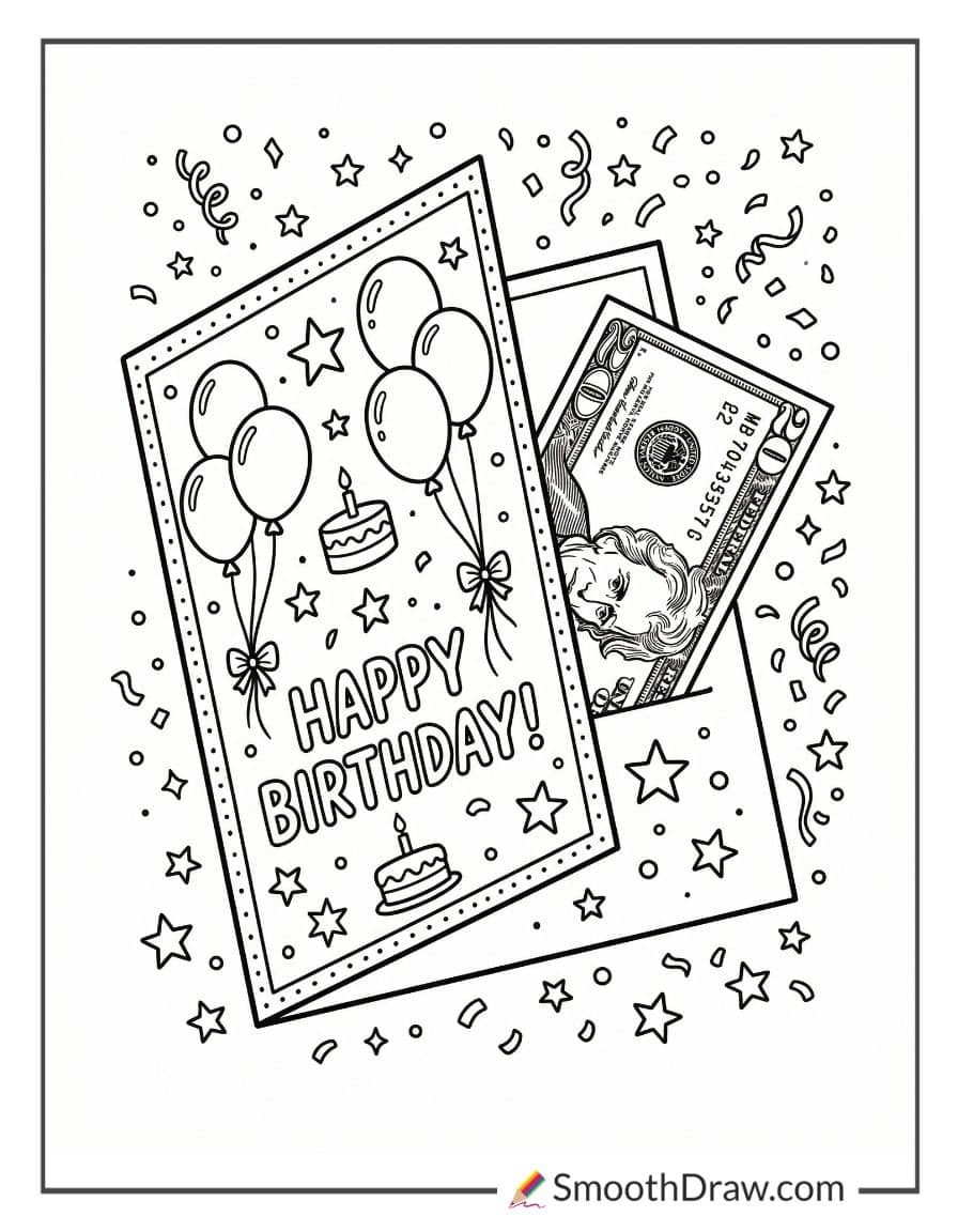 Birthday card with money inside coloring page