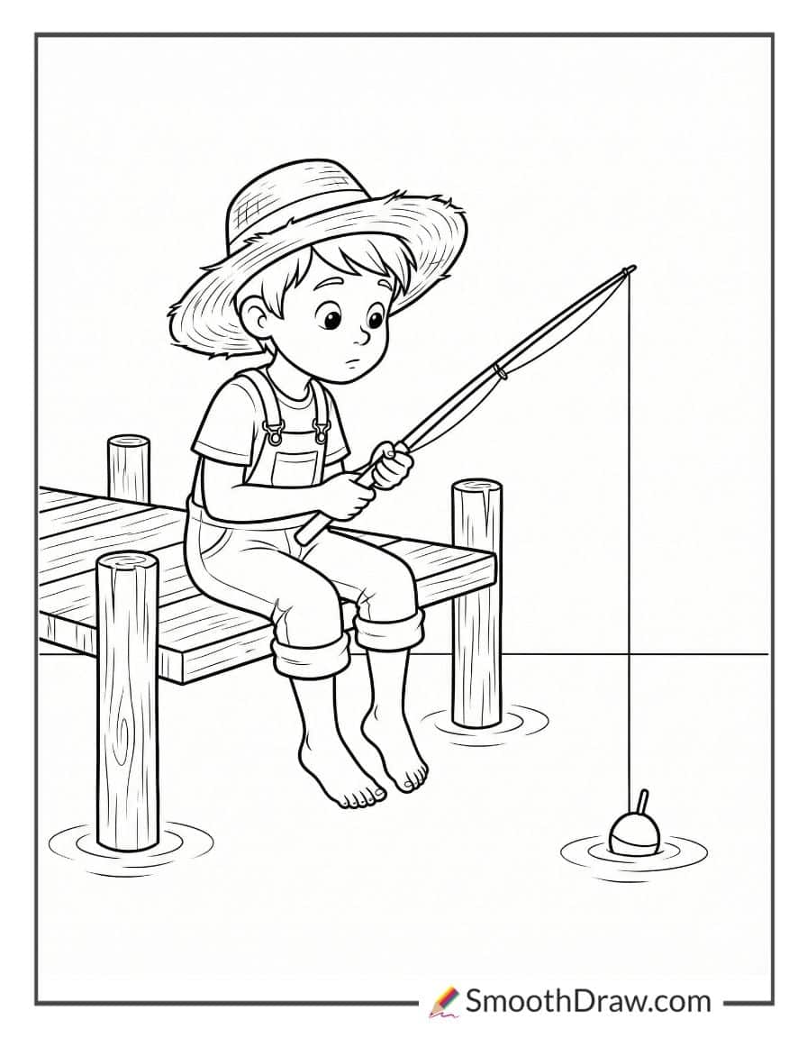 Boy Fishing With Straw Hat