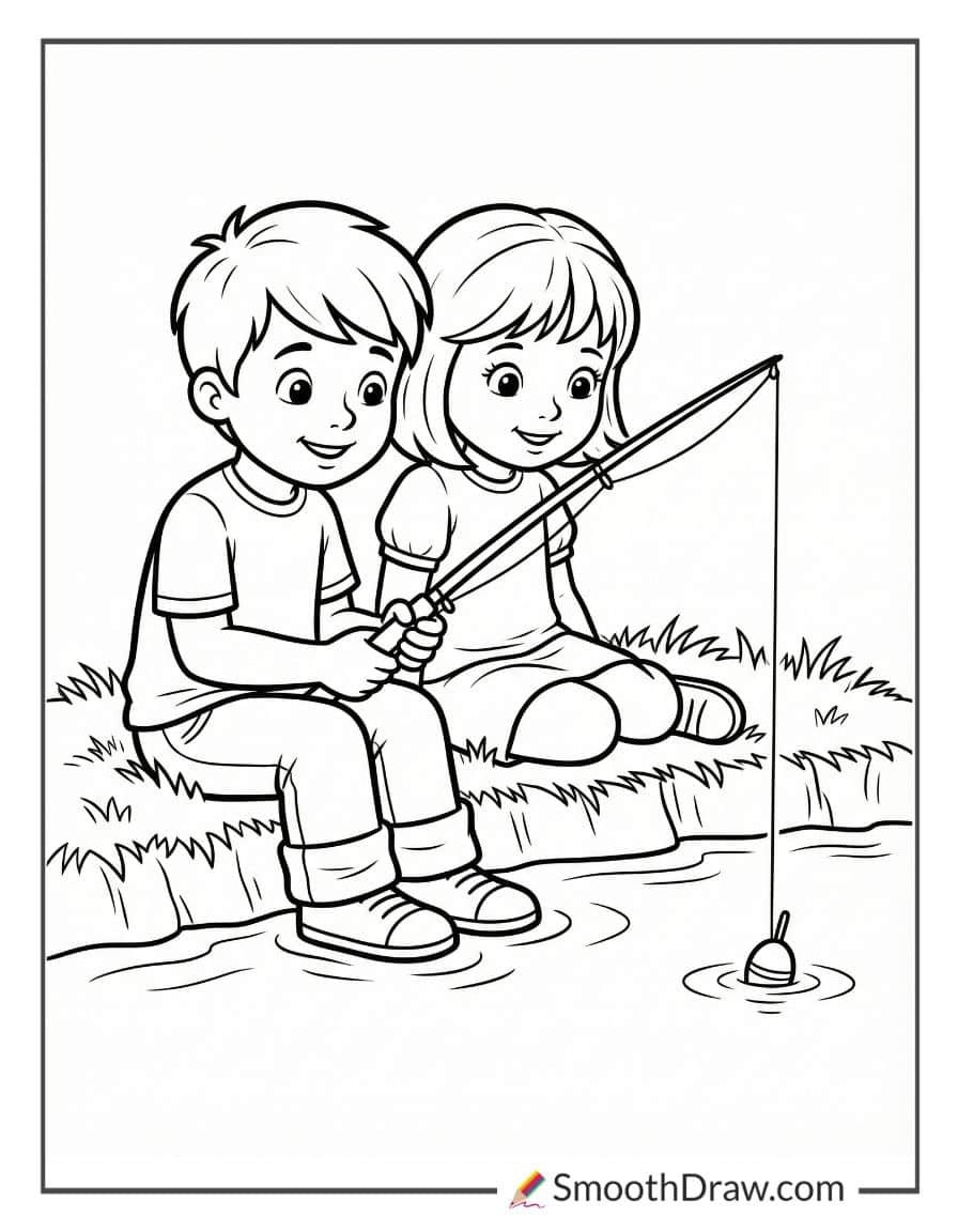 Brother And Sister Riverbank Fishing Coloring Page