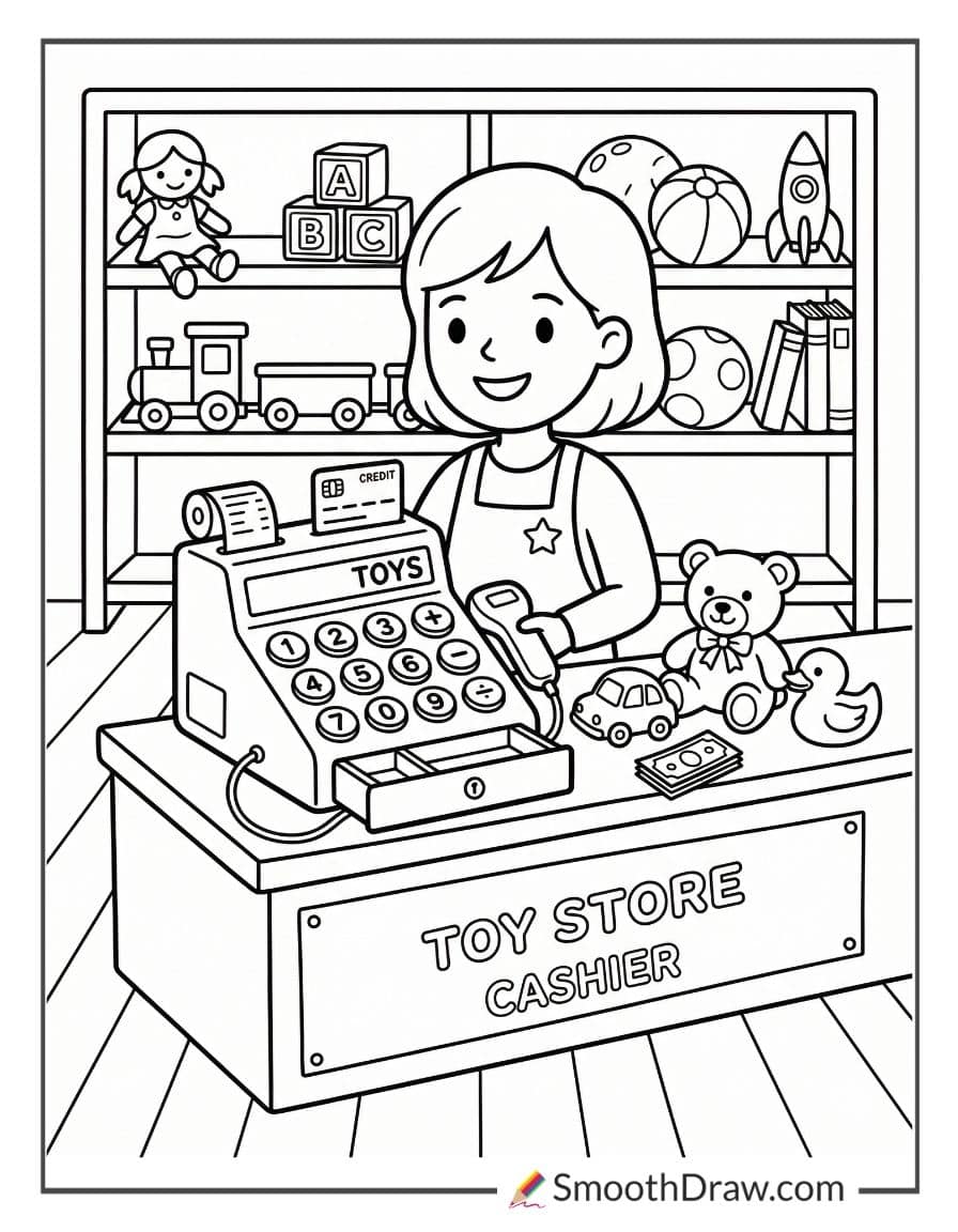 Cash register at toy store coloring sheet