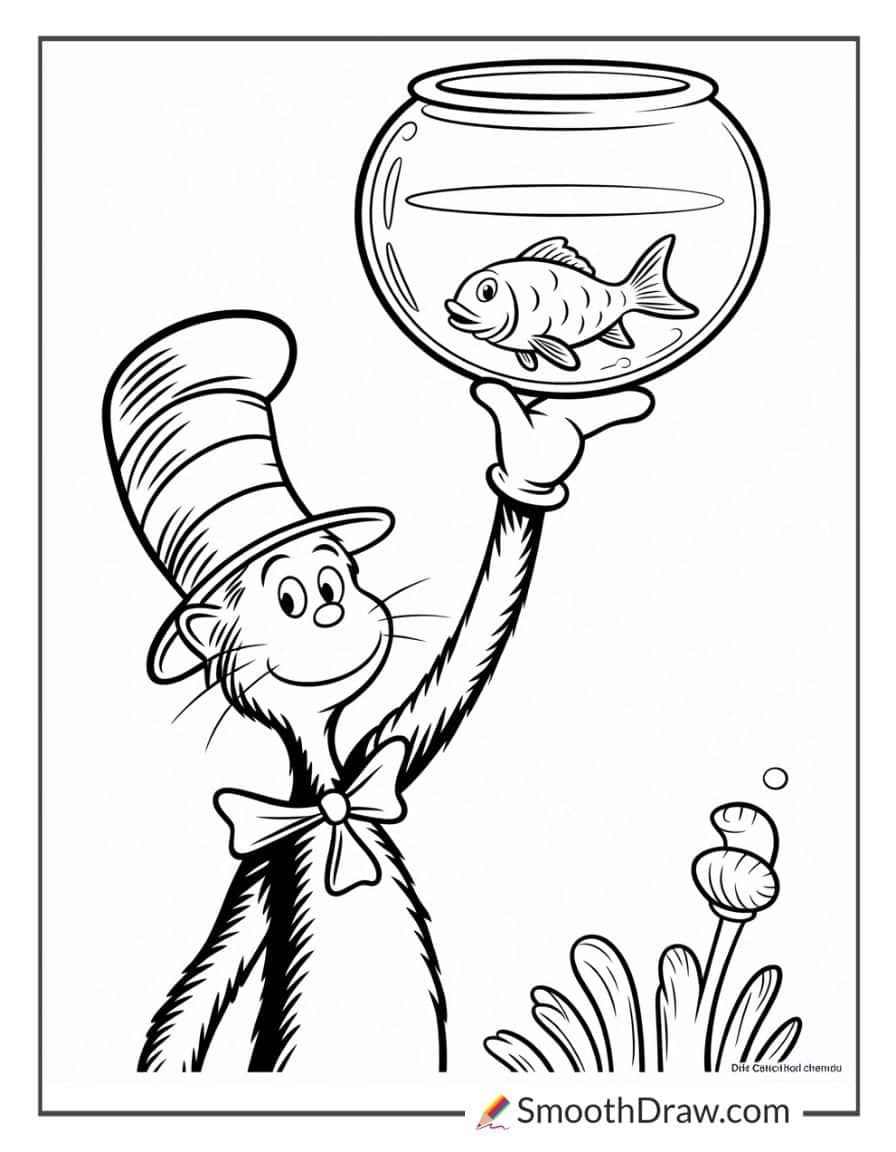 Cat balancing fishbowl coloring page