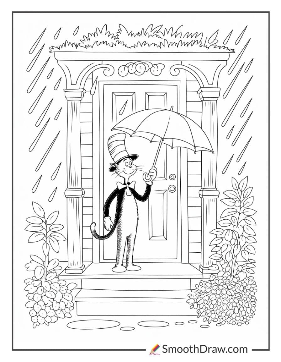 Cat in the Hat on rainy porch