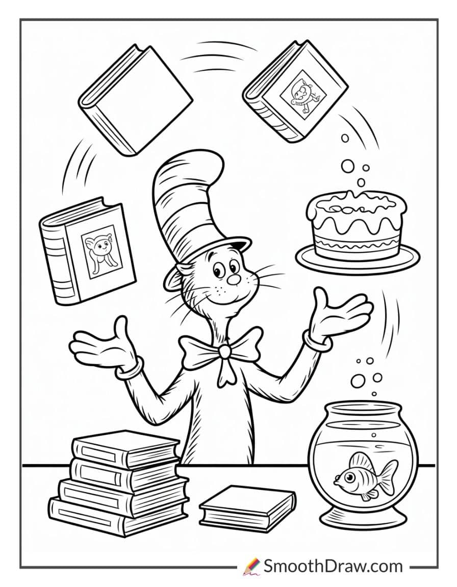 Cat juggling books and cake