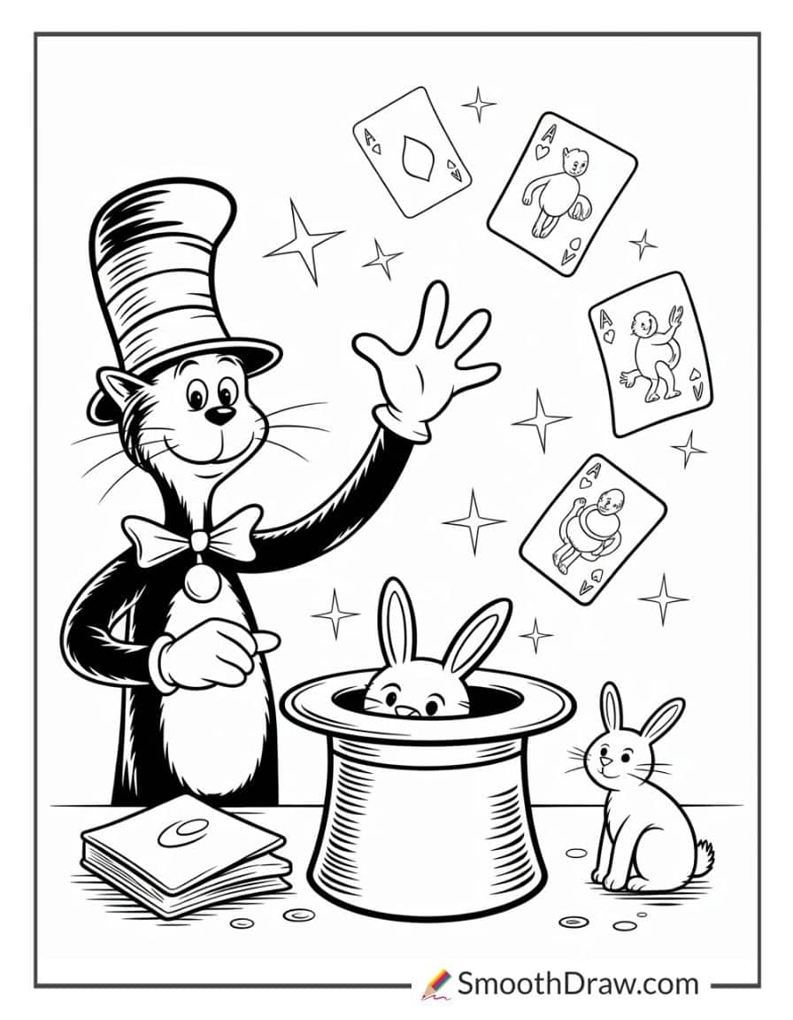 Cat with magic tricks coloring page