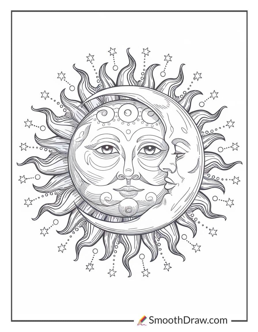 Celestial Sun and Moon Coloring Page