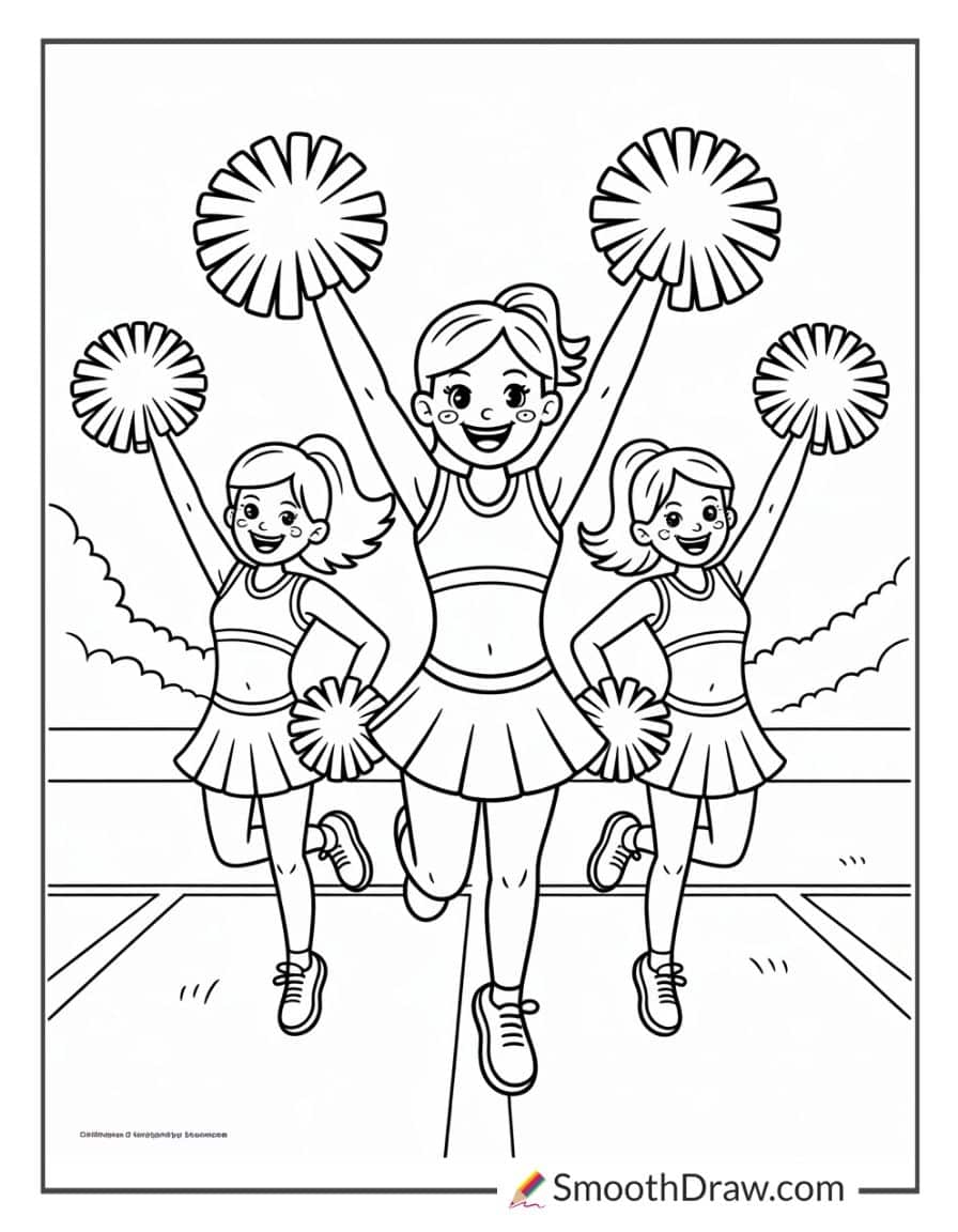 Cheerleaders Dancing With Pom Poms Coloring Page