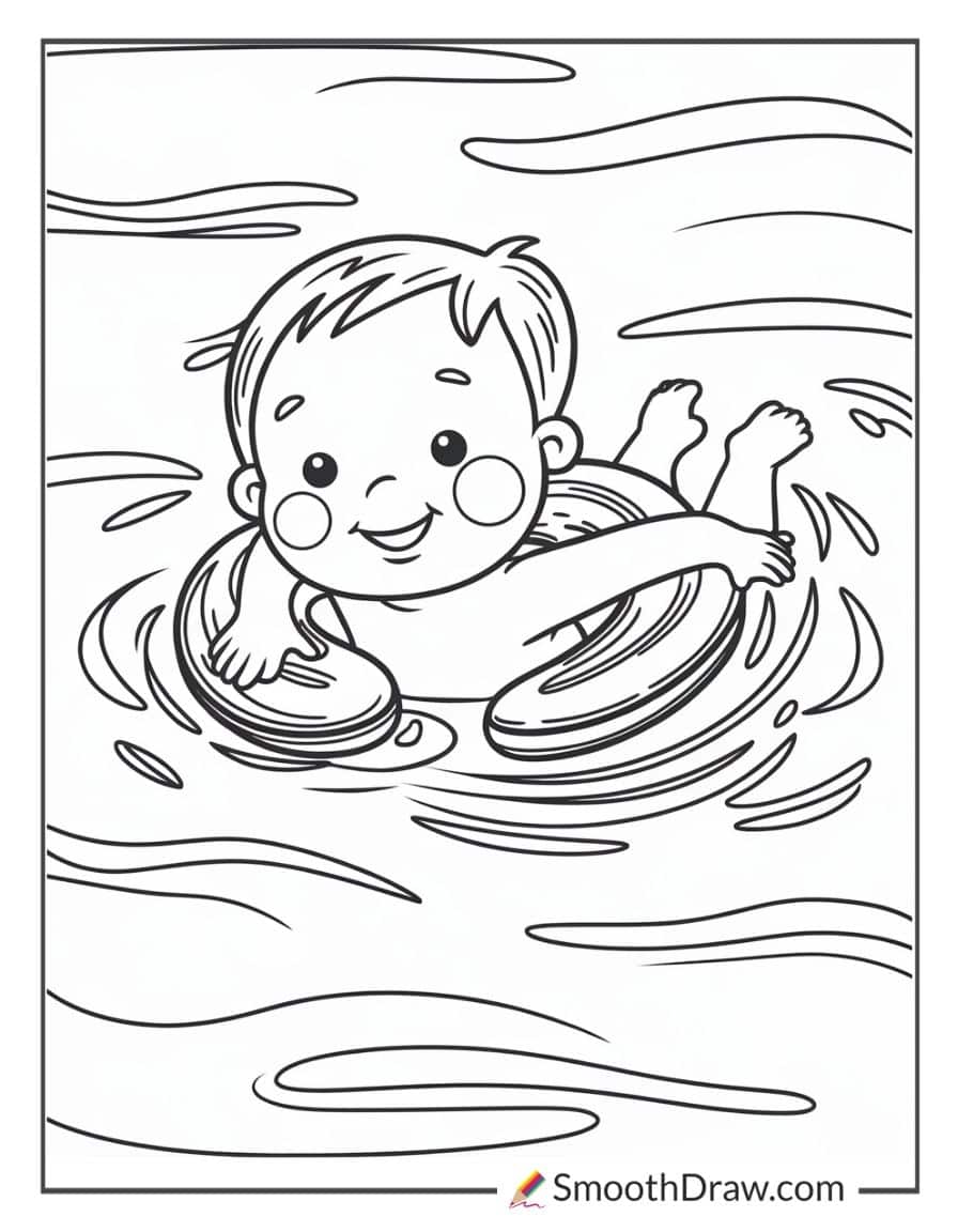 Child learning to swim with floaties