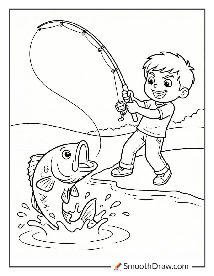 Child Reeling In Big Fish Coloring Sheet