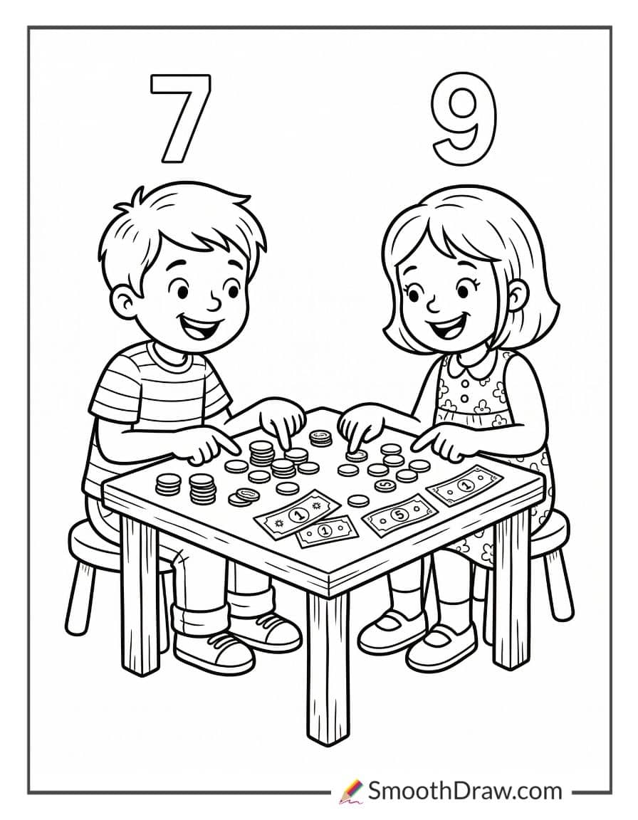 Children counting coins coloring sheet