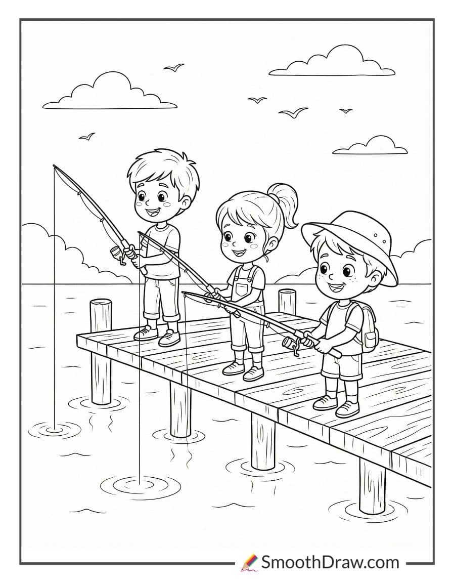 Children Fishing From Wooden Pier