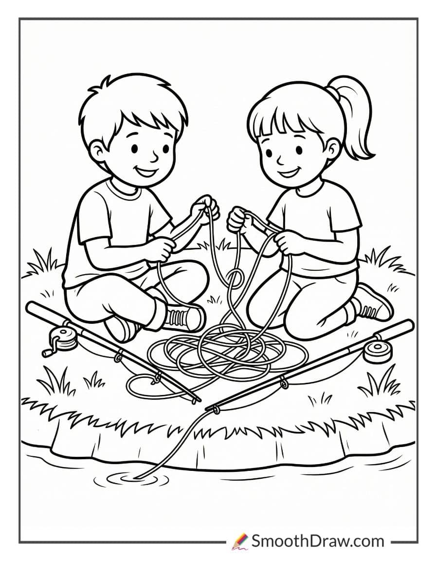 Children Untangling Fishing Line Mess