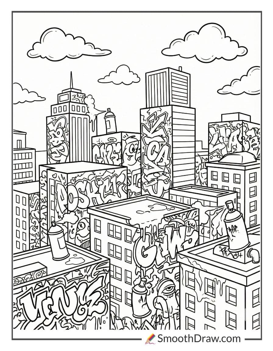 City skyline with graffiti art