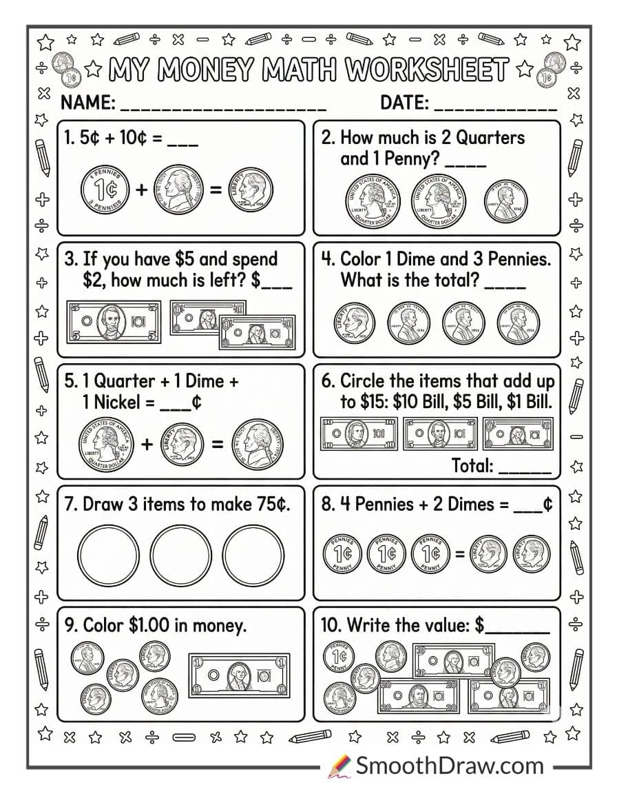 Classroom money math worksheet for coloring