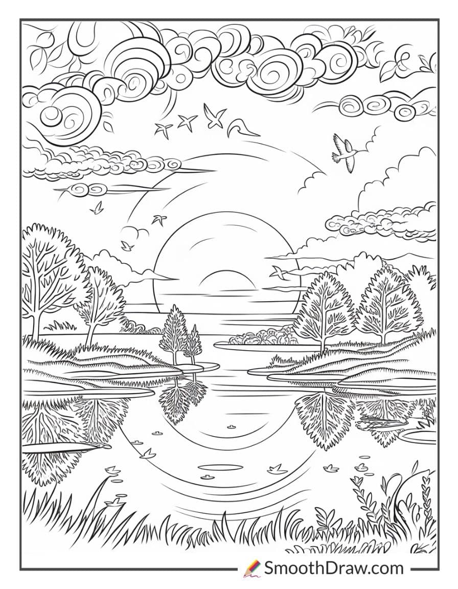 Coastal sunset line art