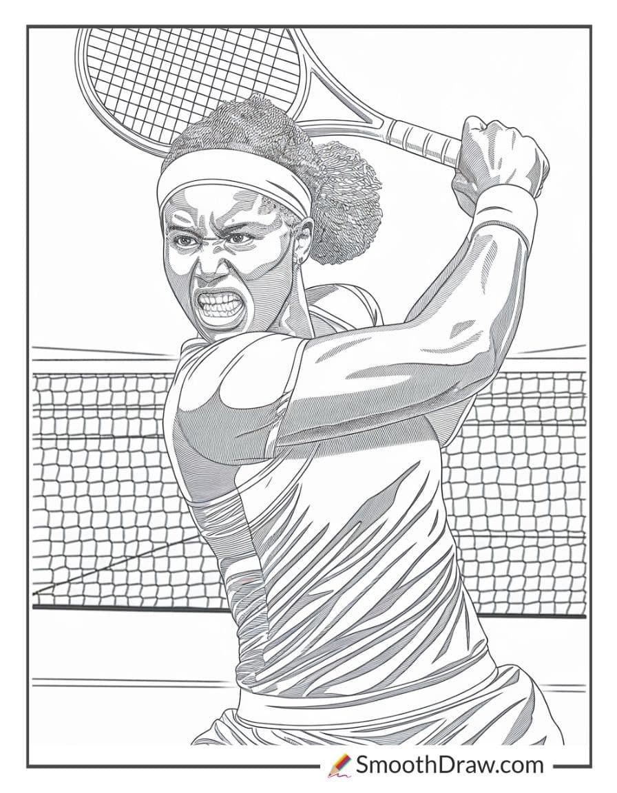 Coco Gauff in mid-swing coloring page
