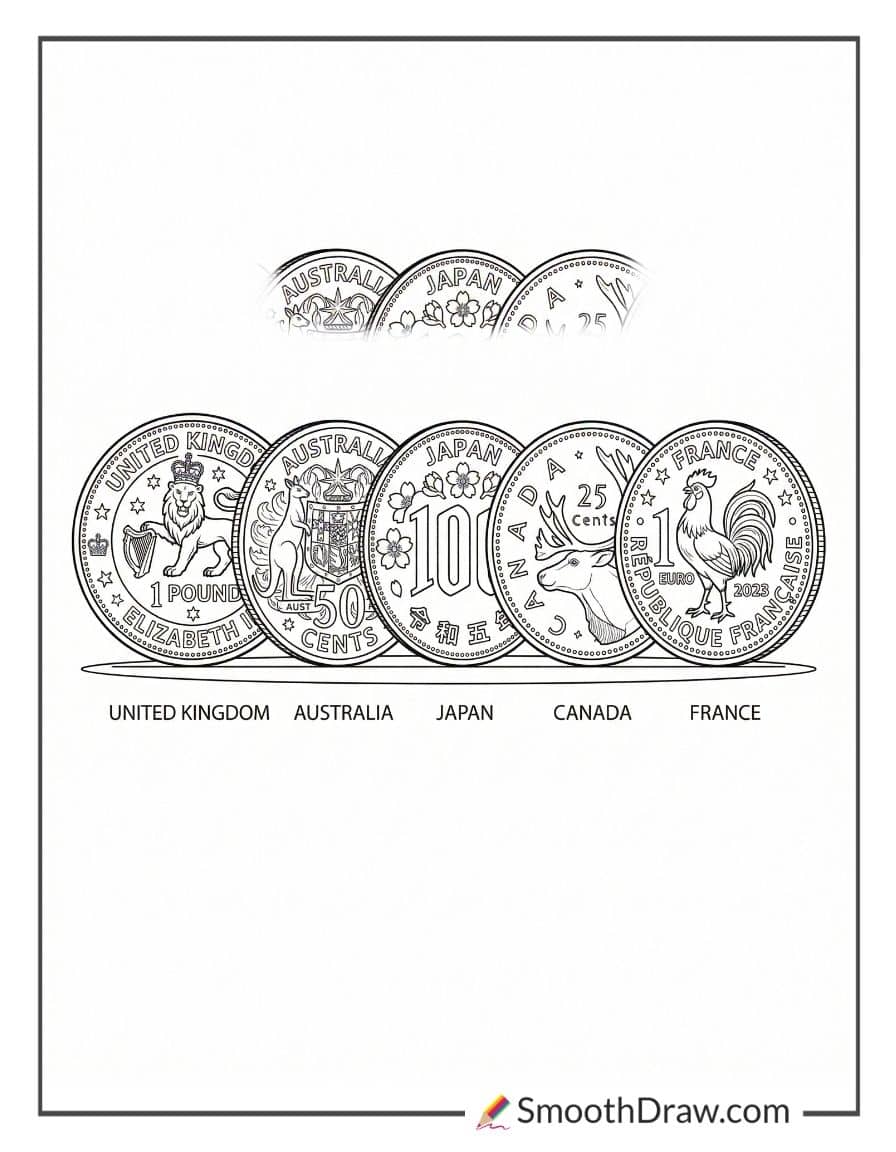 Coins from different countries for coloring