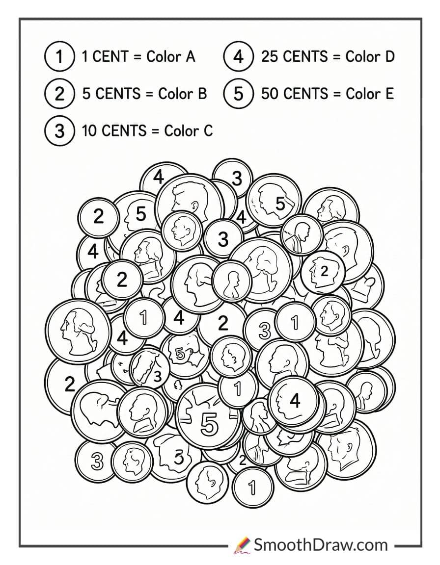 Color by value coin coloring page