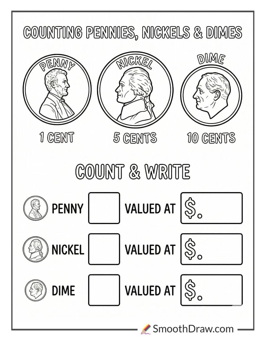 Counting pennies nickels dimes coloring sheet