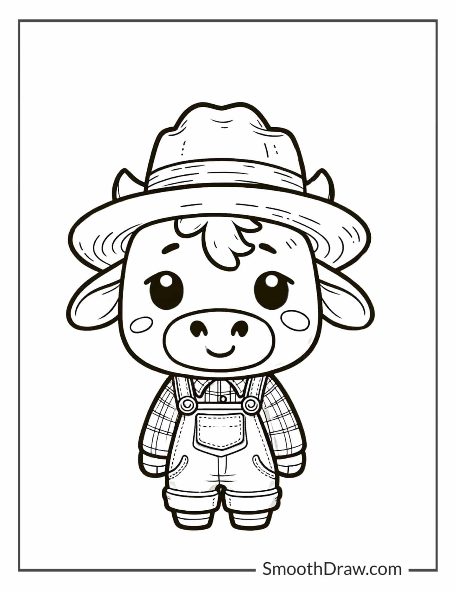 Cute cow wearing a farmer’s hat and overalls