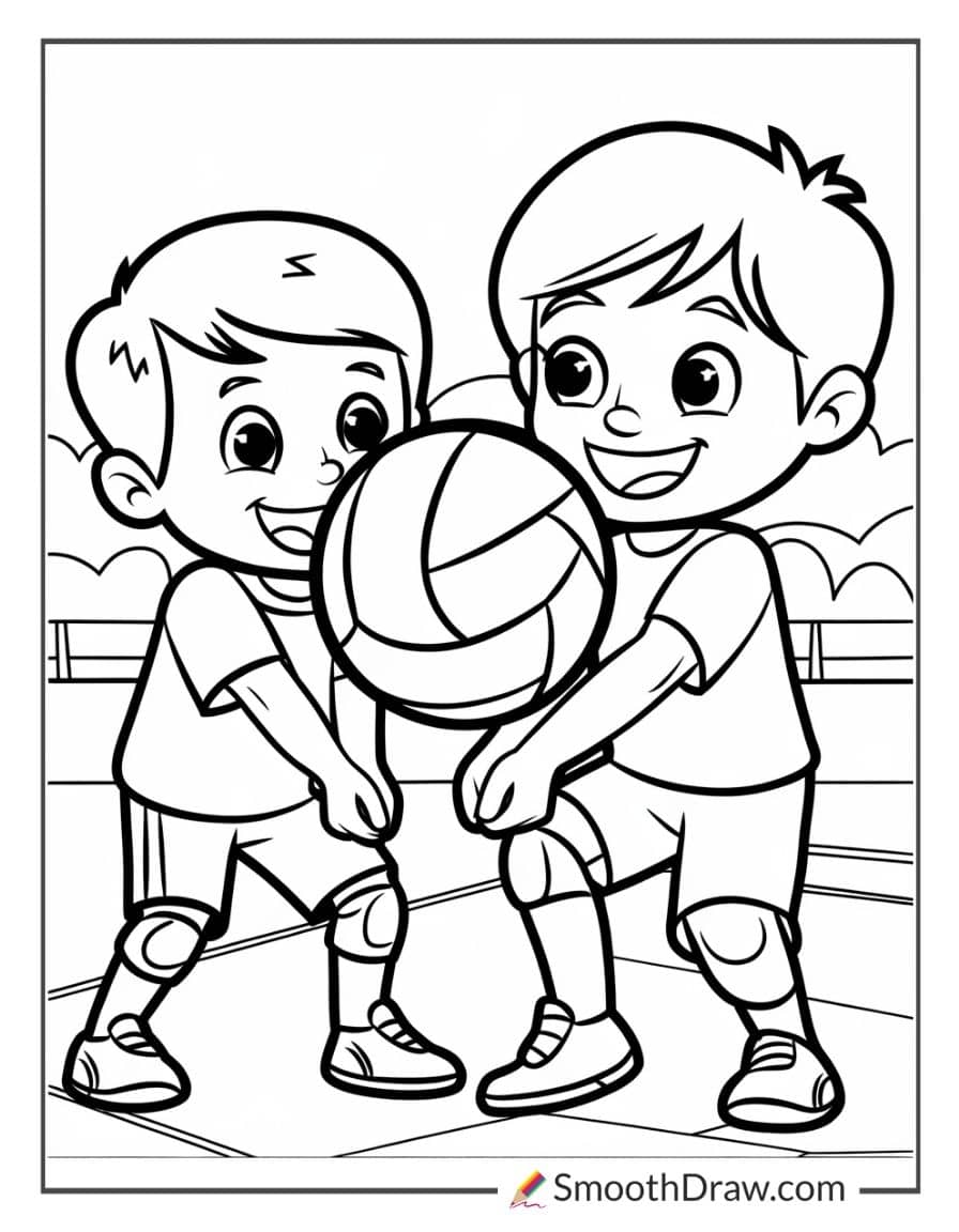 Cute kids playing volleyball coloring page