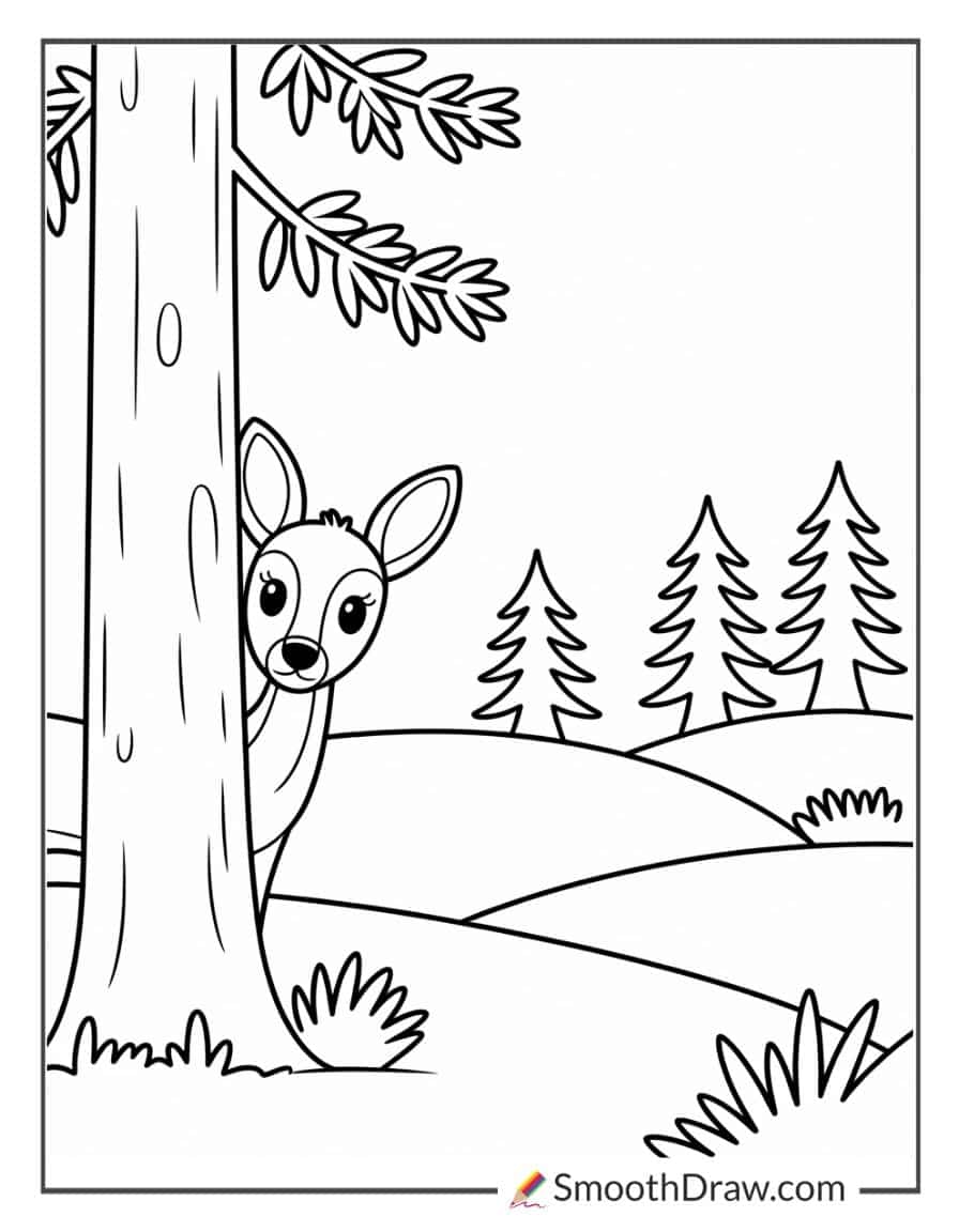 Deer Peeking Behind Pine Trees