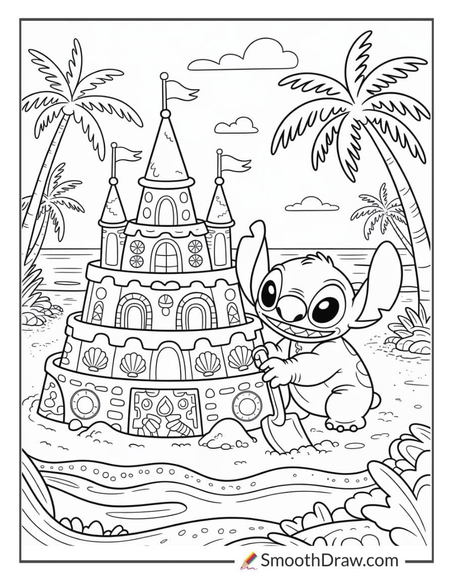 Detailed Stitch building a sandcastle