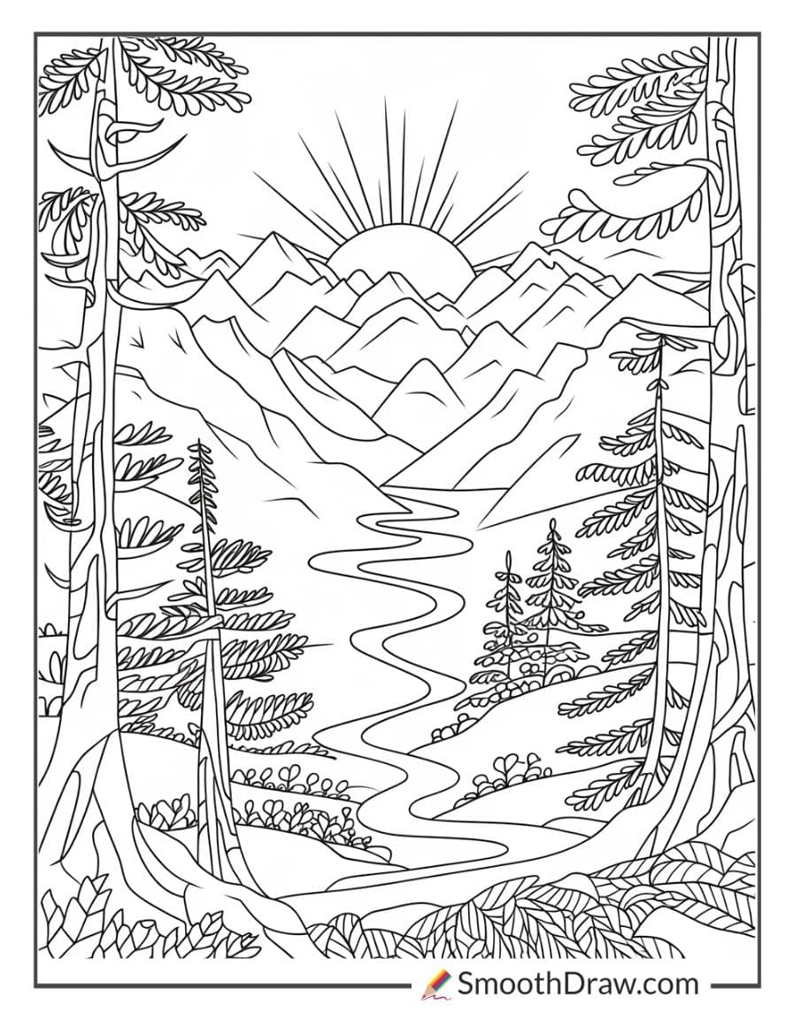 Detailed sunset coloring page