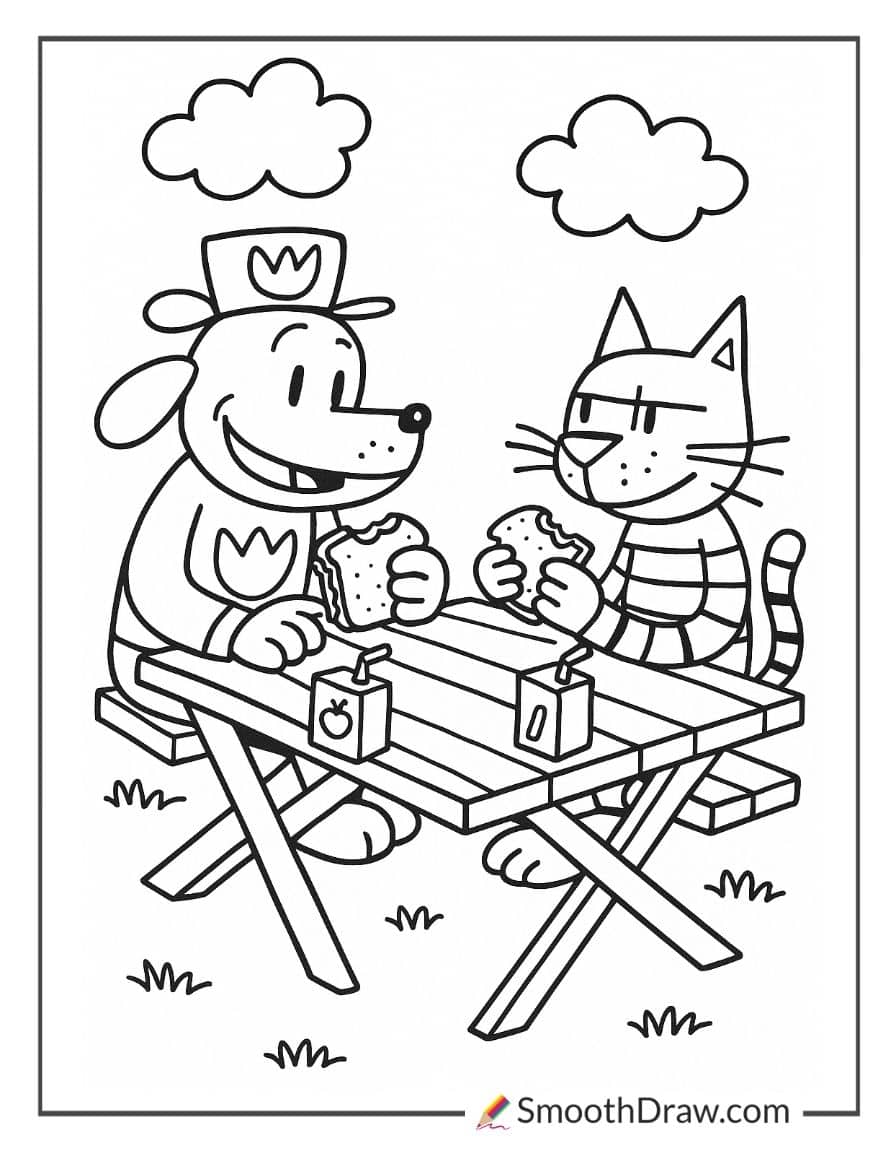 Dog Man and Petey having lunch