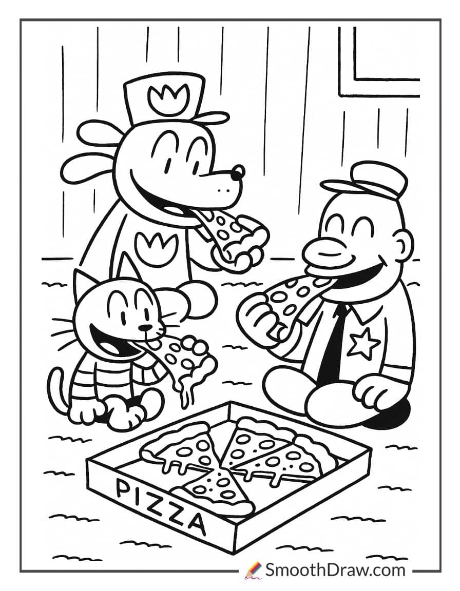 Dog Man and friends eating pizza coloring sheet