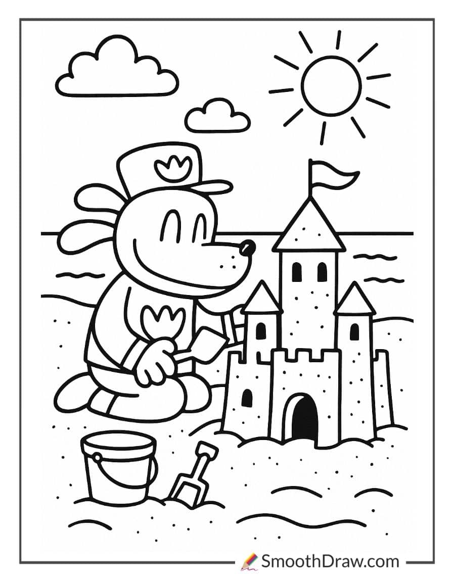 Dog Man building a sandcastle at beach
