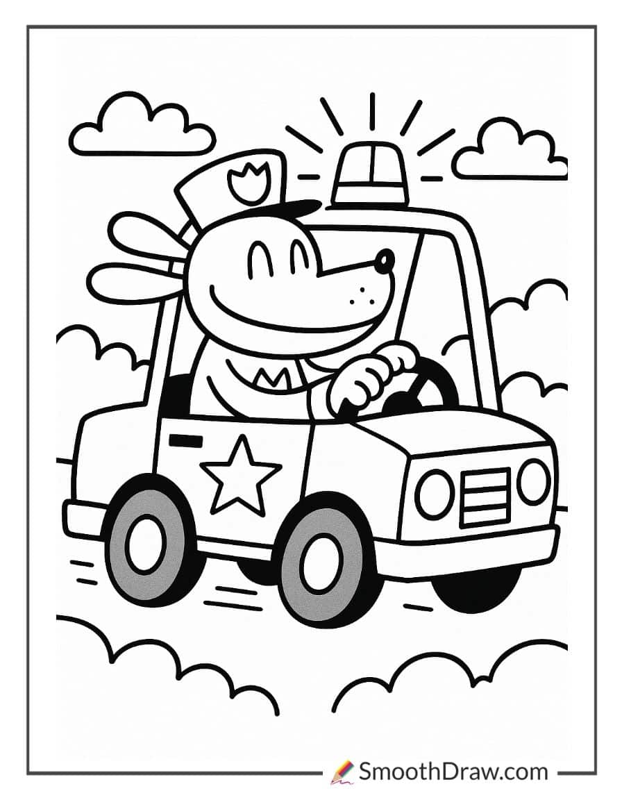 Dog Man driving a police car coloring page