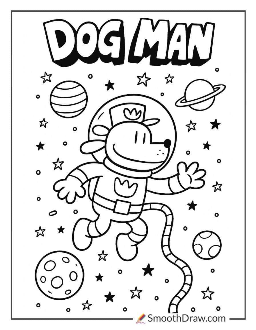 Dog Man exploring outer space coloring sheet