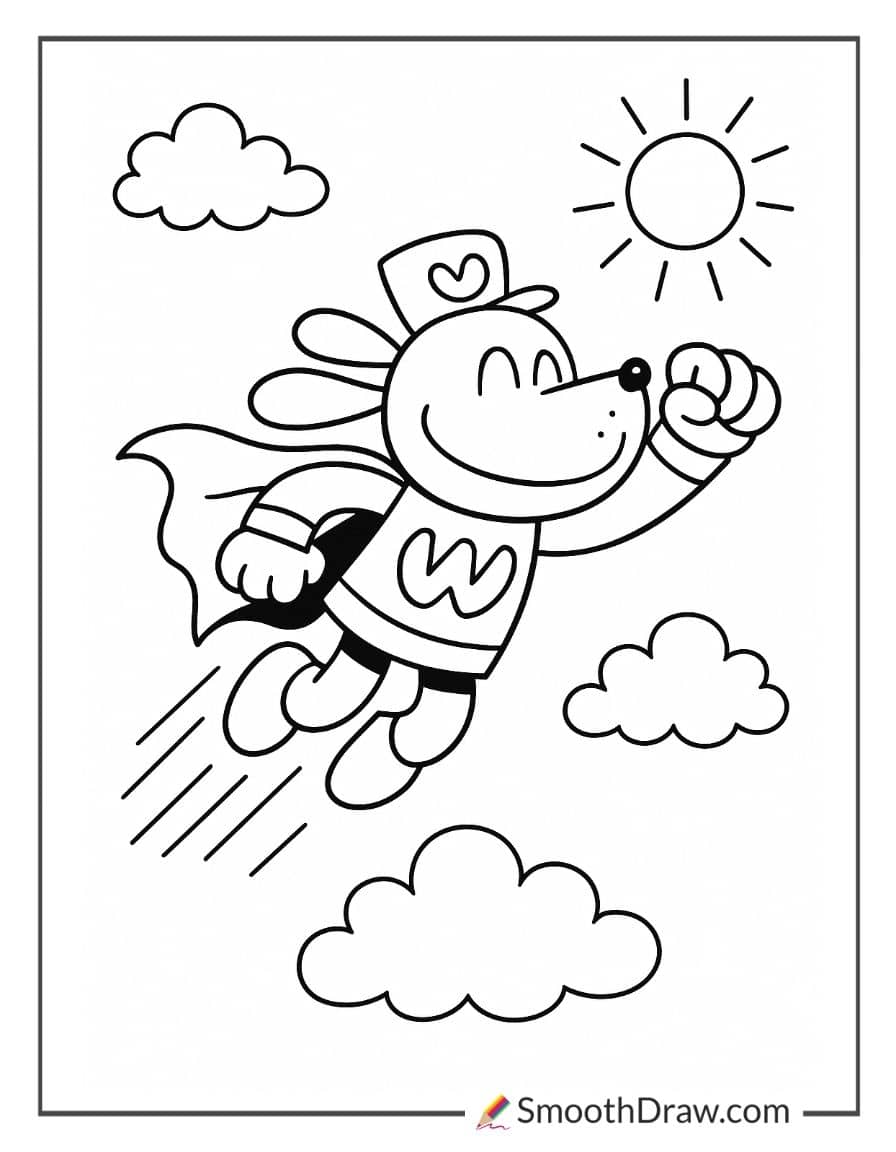 Dog Man flying with a cape
