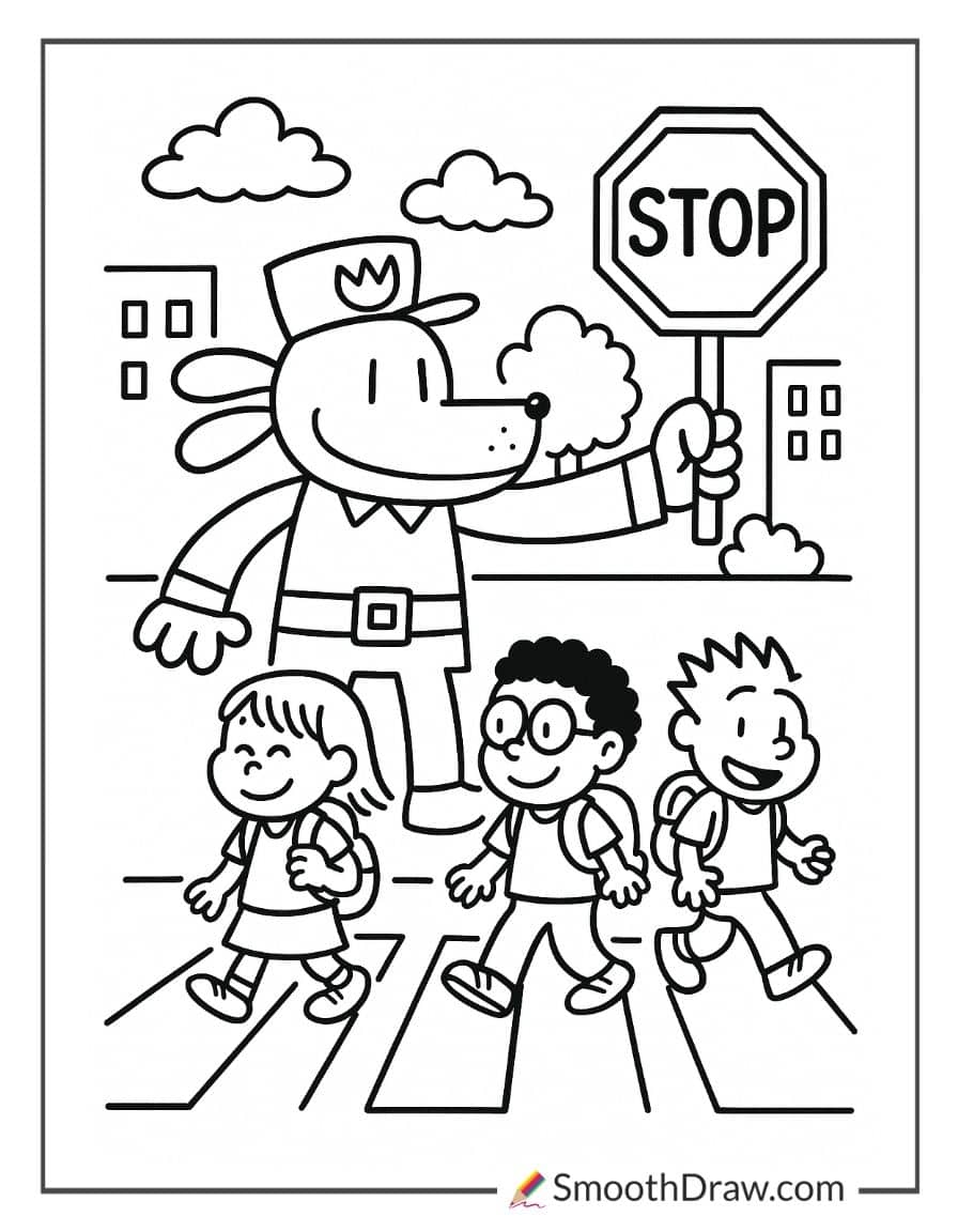 Dog Man helping people cross street coloring page