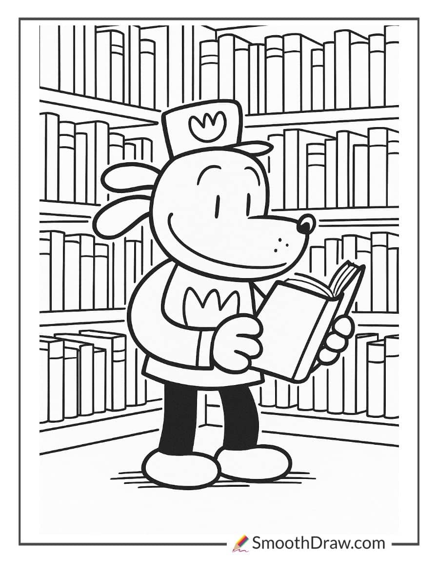 Dog Man in a library